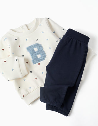 Brushed jogging set with bouclé embroidery for newborn boys, white/blue