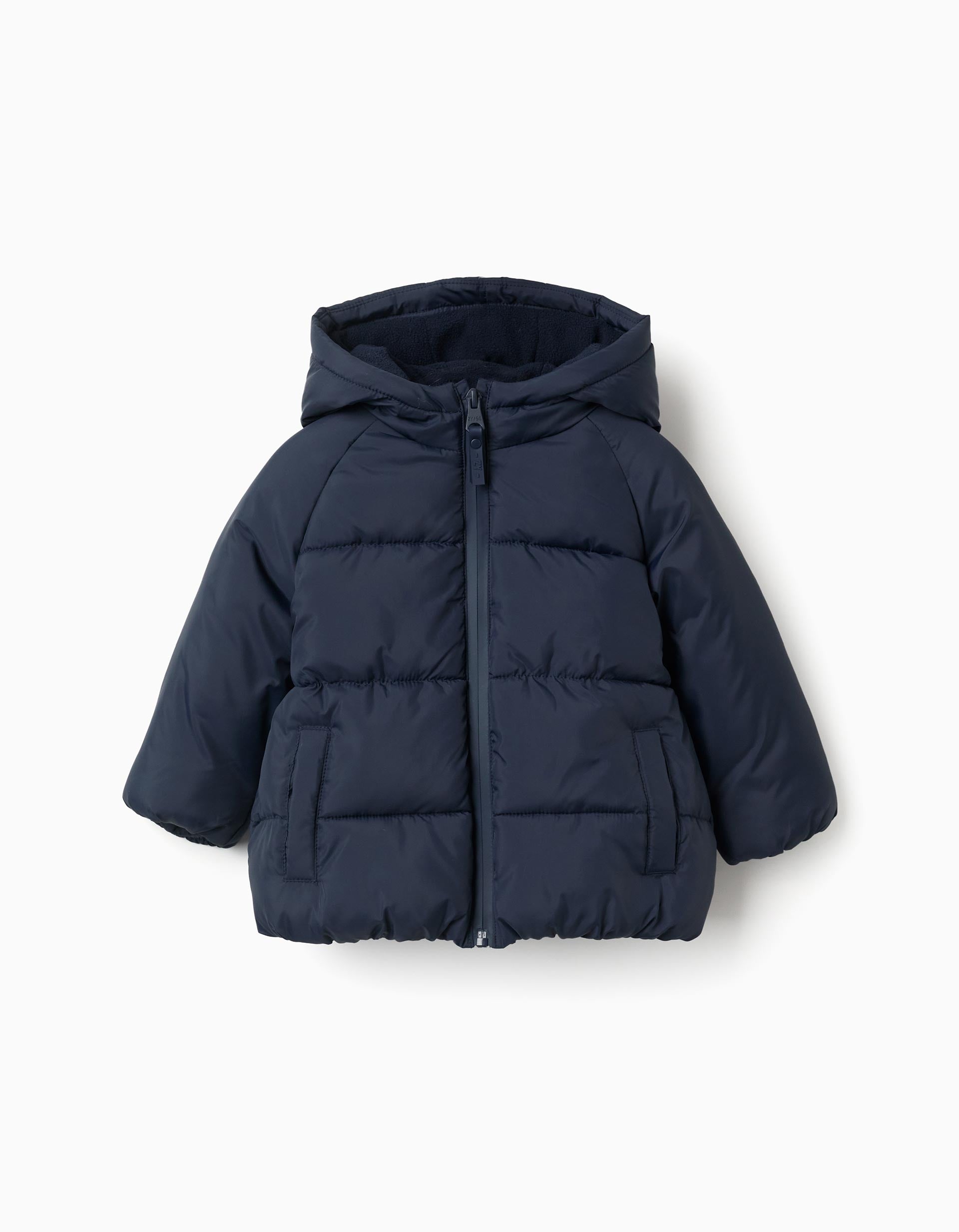 Hooded puffer jacket with polar fleece lining for babies, navy blue
