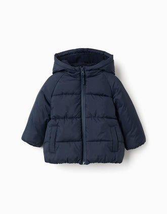 Hooded puffer jacket with polar fleece lining for babies, navy blue