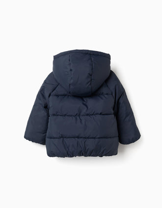 Hooded puffer jacket with polar fleece lining for babies, navy blue
