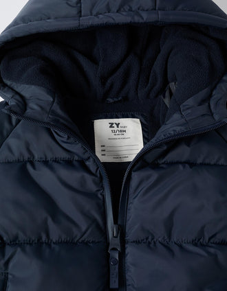 Hooded puffer jacket with polar fleece lining for babies, navy blue