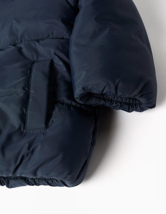 Hooded puffer jacket with polar fleece lining for babies, navy blue