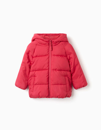 Hooded puffer jacket with polar fleece lining for babies, red