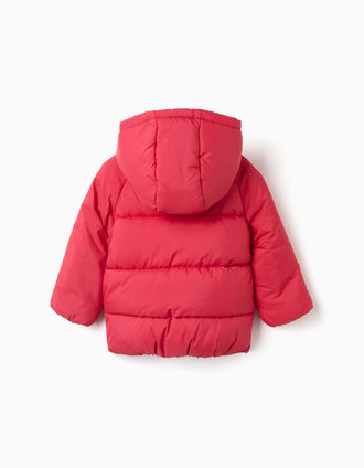 Hooded puffer jacket with polar fleece lining for babies, red