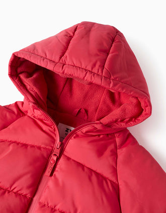 Hooded puffer jacket with polar fleece lining for babies, red