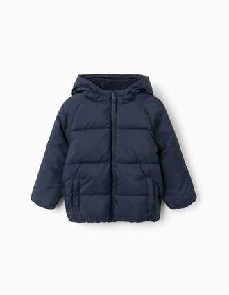Chaqueta acolchada con capucha y forro polar para niño, azul marino