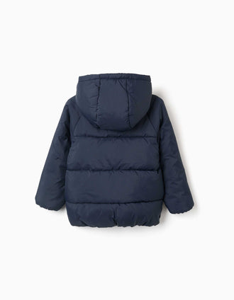 Chaqueta acolchada con capucha y forro polar para niño, azul marino