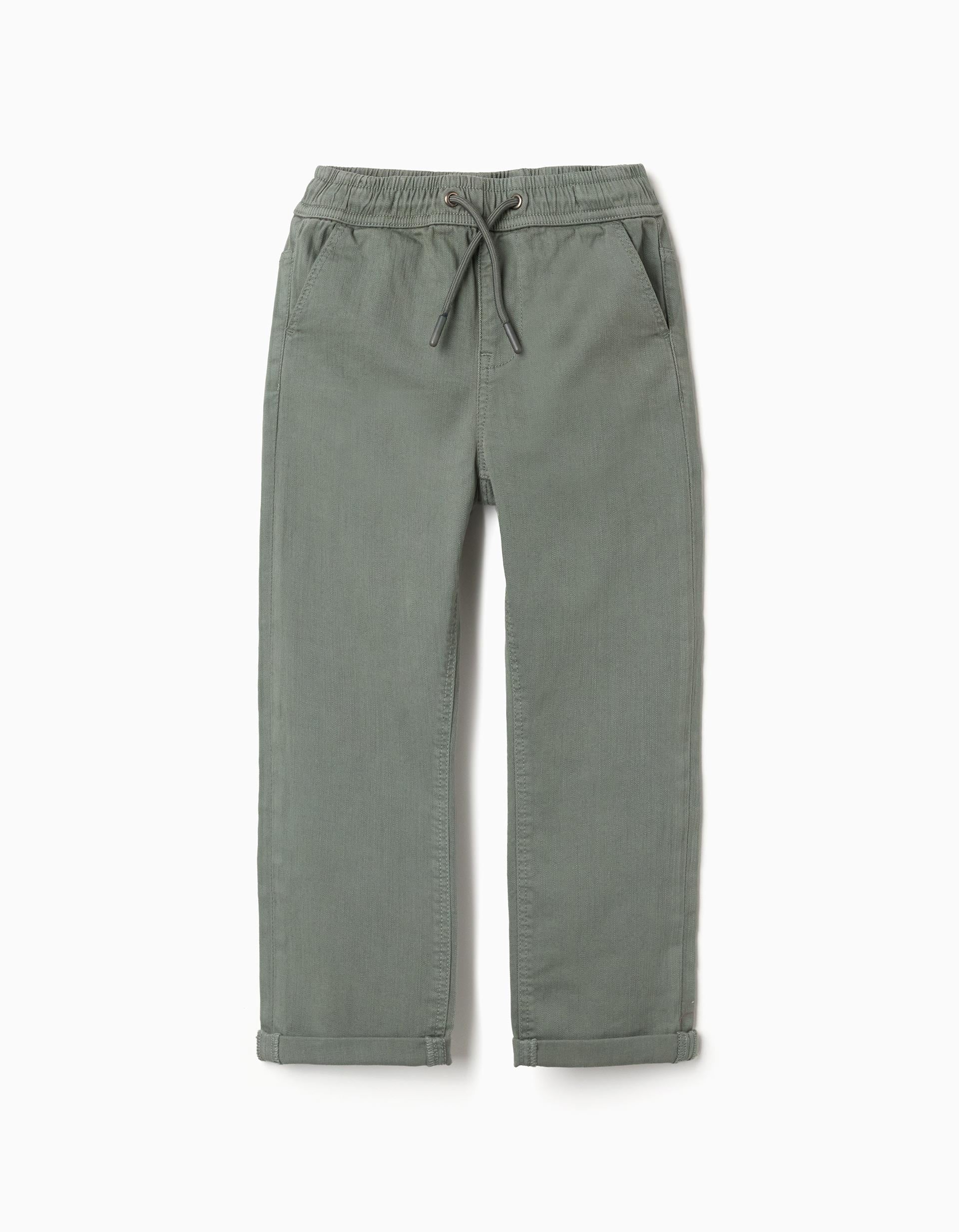 Slim fit twill trousers with drawstring for boys, dark green