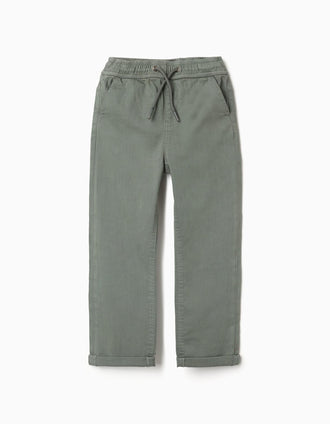 Slim fit twill trousers with drawstring for boys, dark green