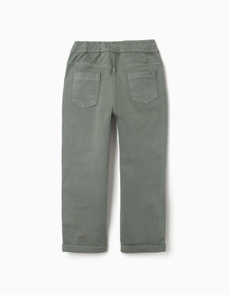 Slim fit twill trousers with drawstring for boys, dark green