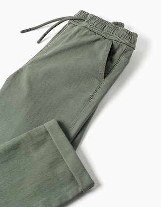 Slim fit twill trousers with drawstring for boys, dark green