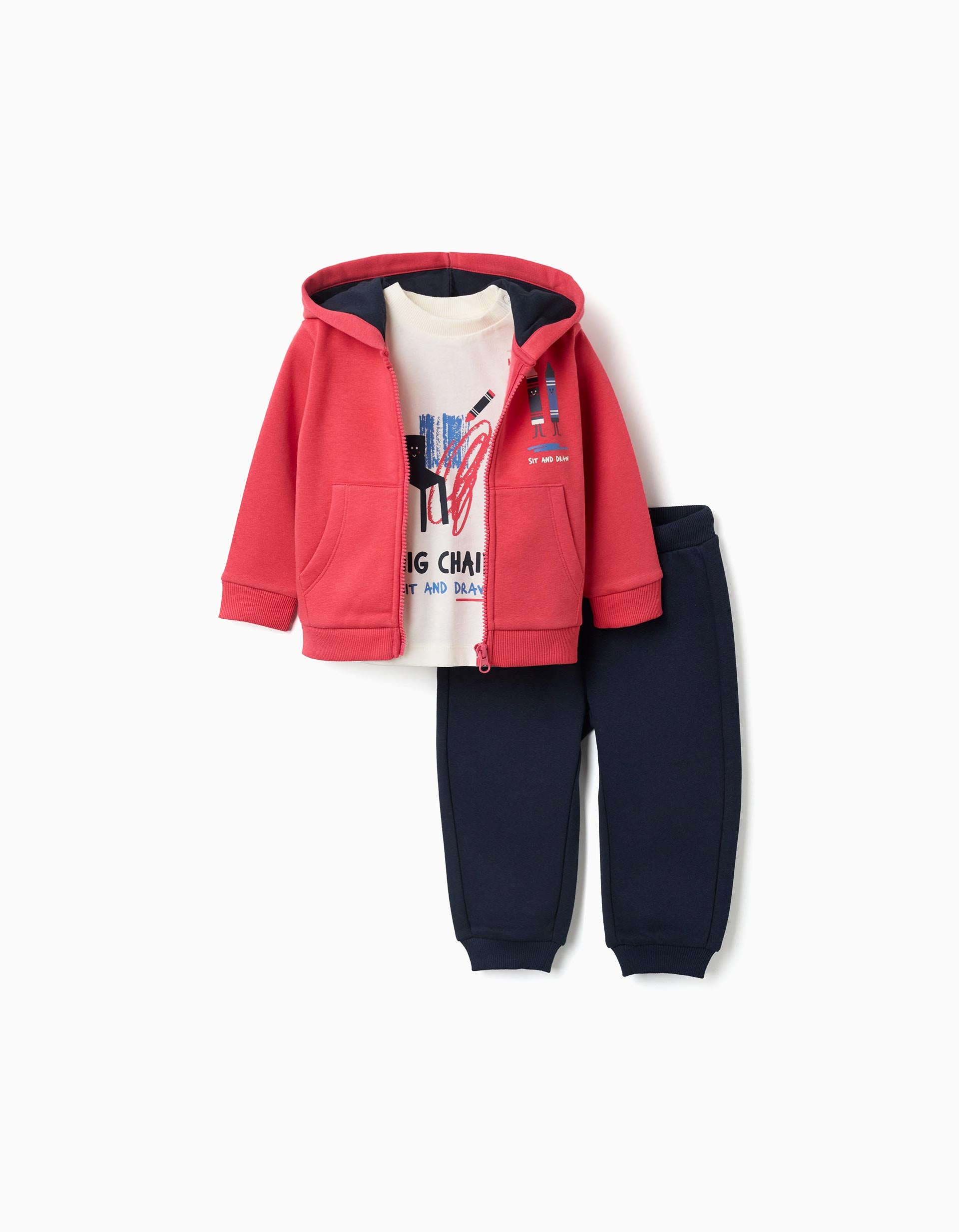 3-piece brushed jogging set for baby boys, red/white/navy blue