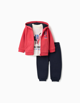 3-piece brushed jogging set for baby boys, red/white/navy blue