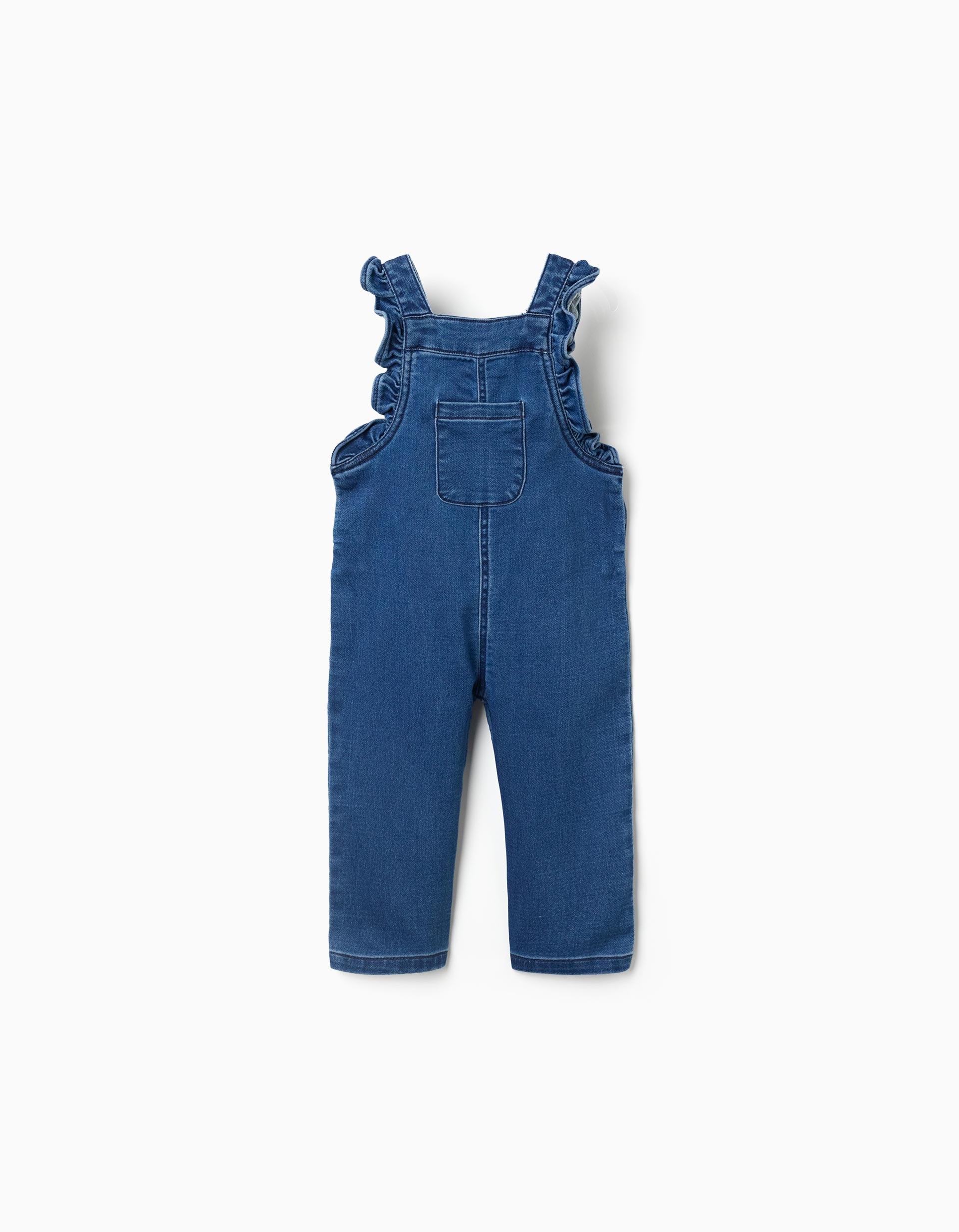 Denim dungarees with ruffled straps for baby girls, blue