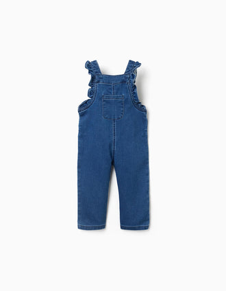 Denim dungarees with ruffled straps for baby girls, blue