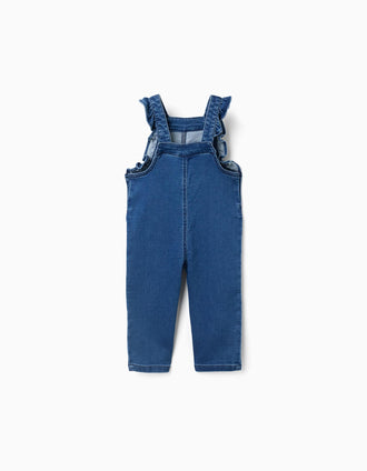 Denim dungarees with ruffled straps for baby girls, blue