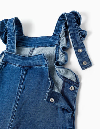 Denim dungarees with ruffled straps for baby girls, blue