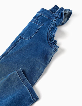 Denim dungarees with ruffled straps for baby girls, blue