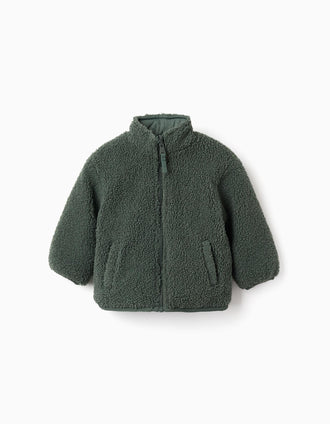 Reversible puffer jacket with sherpa for baby boys, dark green