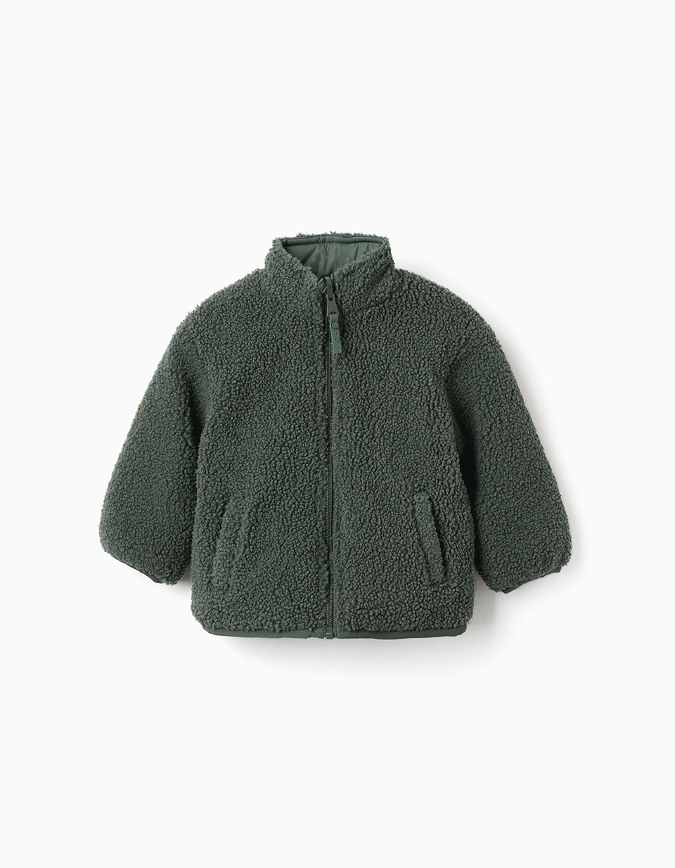 Reversible puffer jacket with sherpa for baby boys, dark green