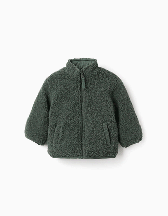Reversible puffer jacket with sherpa for baby boys, dark green