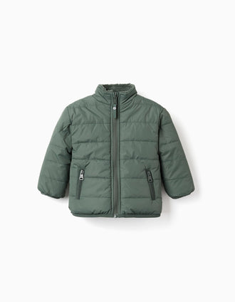 Reversible puffer jacket with sherpa for baby boys, dark green