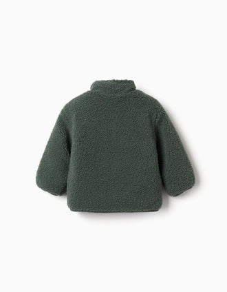 Reversible puffer jacket with sherpa for baby boys, dark green
