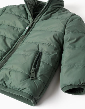 Reversible puffer jacket with sherpa for baby boys, dark green