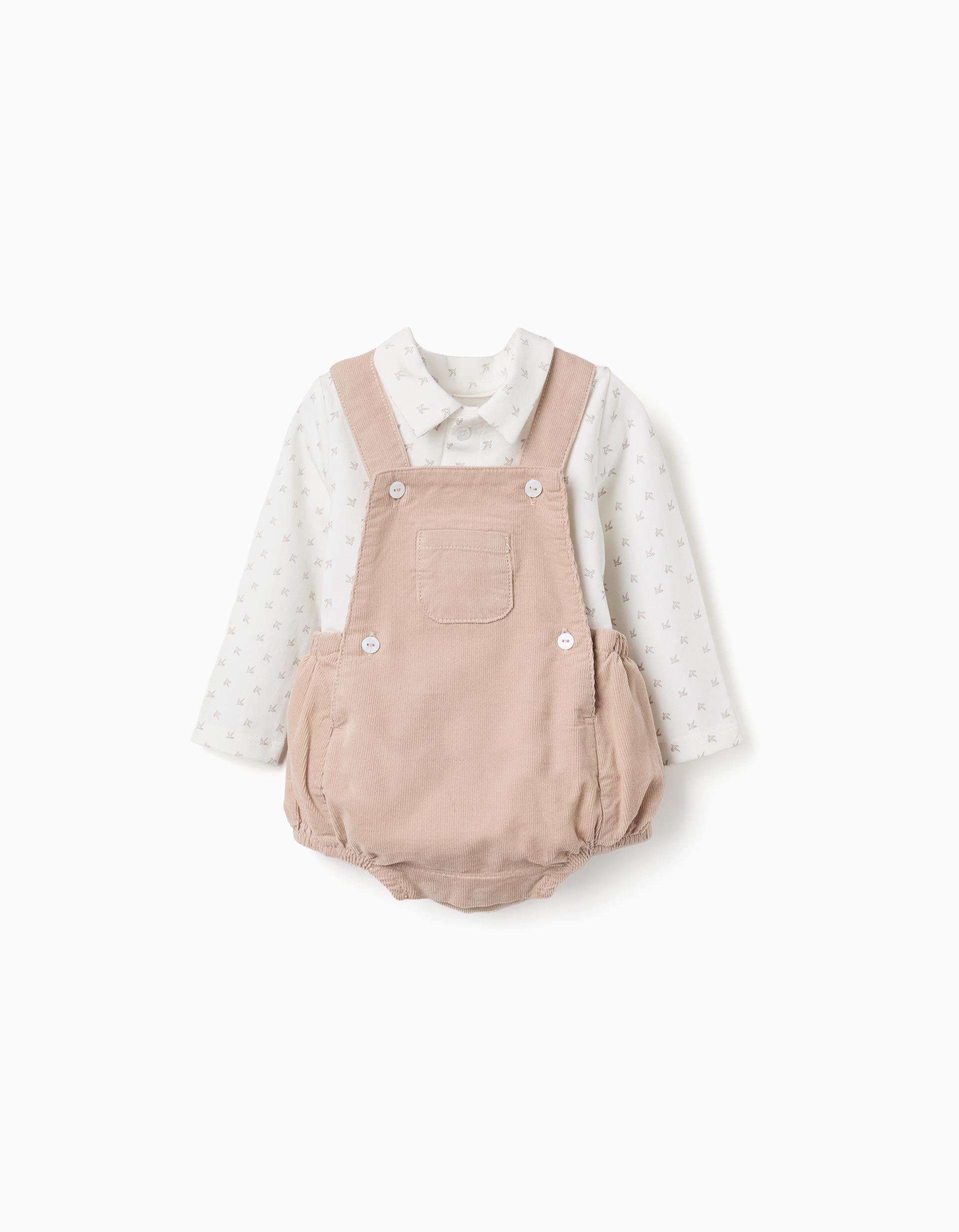 Body-polo + barboteuse en velours côtelé pour nouveau-né, blanc/beige