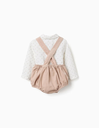 Body-polo + barboteuse en velours côtelé pour nouveau-né, blanc/beige