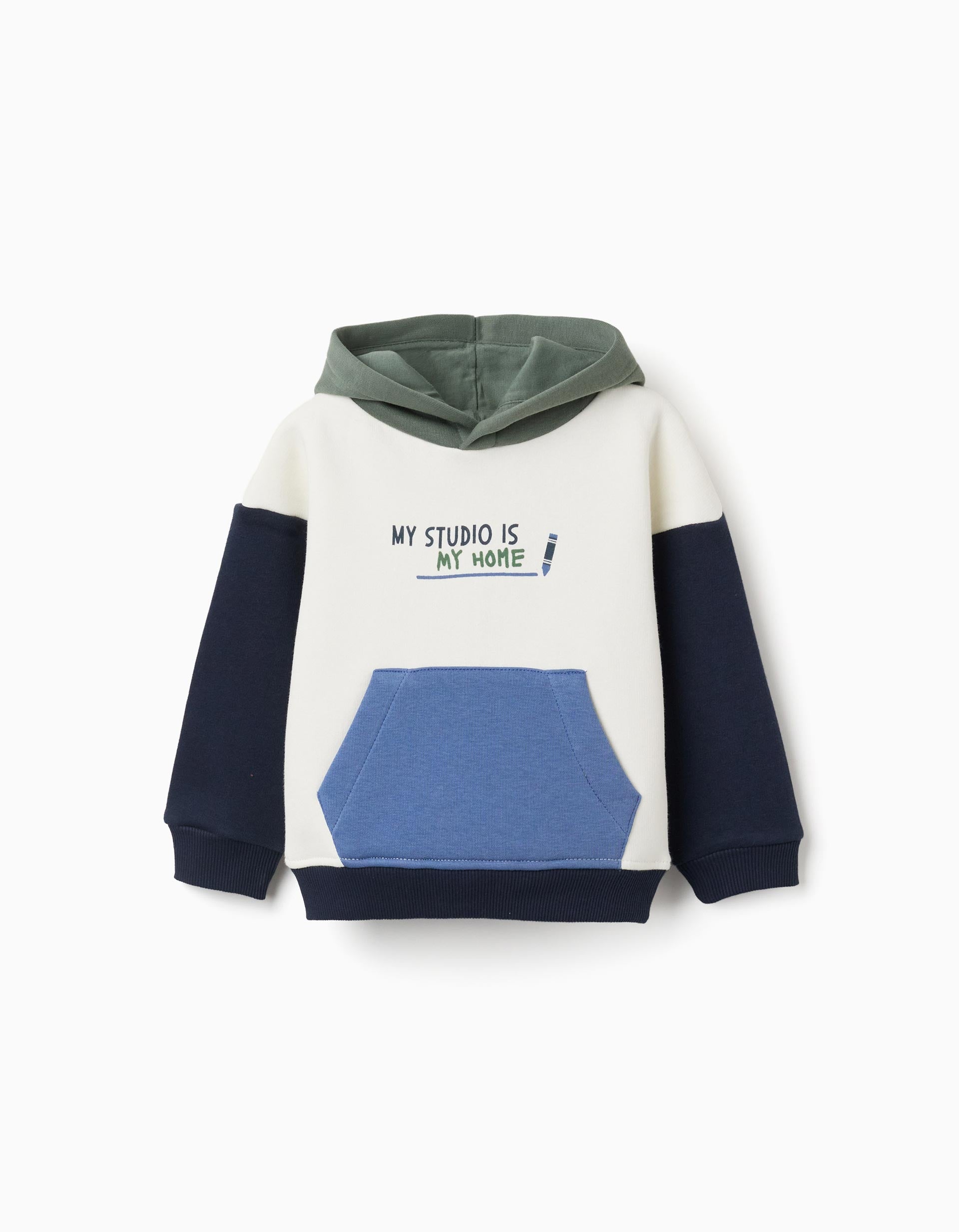 Sweat cardada com capuz e estampado para bebé menino, branco/azul/verde