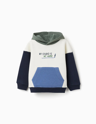 Sweat cardada com capuz e estampado para bebé menino, branco/azul/verde