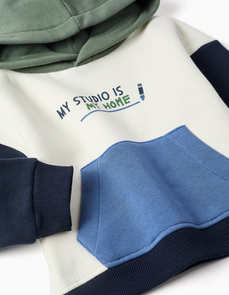 Sweat cardada com capuz e estampado para bebé menino, branco/azul/verde