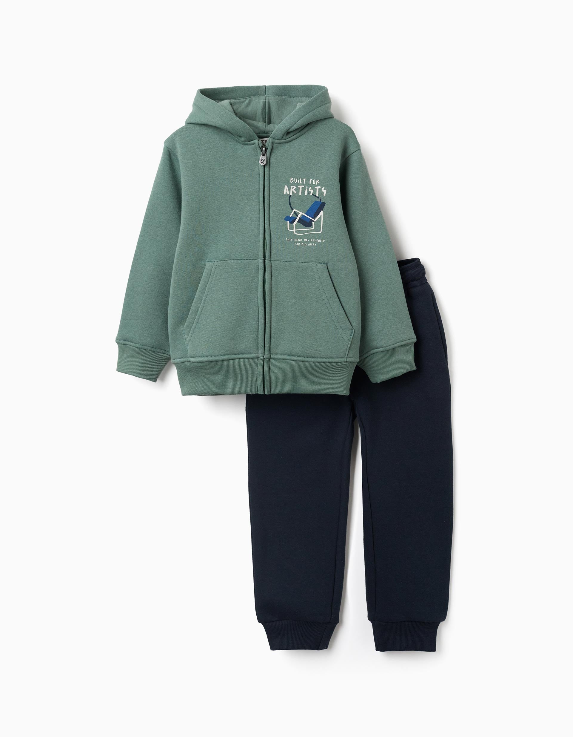 Fato de treino cardado com estampado para menino, verde/azul-marinho