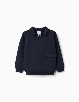 Sweat de algodão com bolso grande para menino, azul-marinho