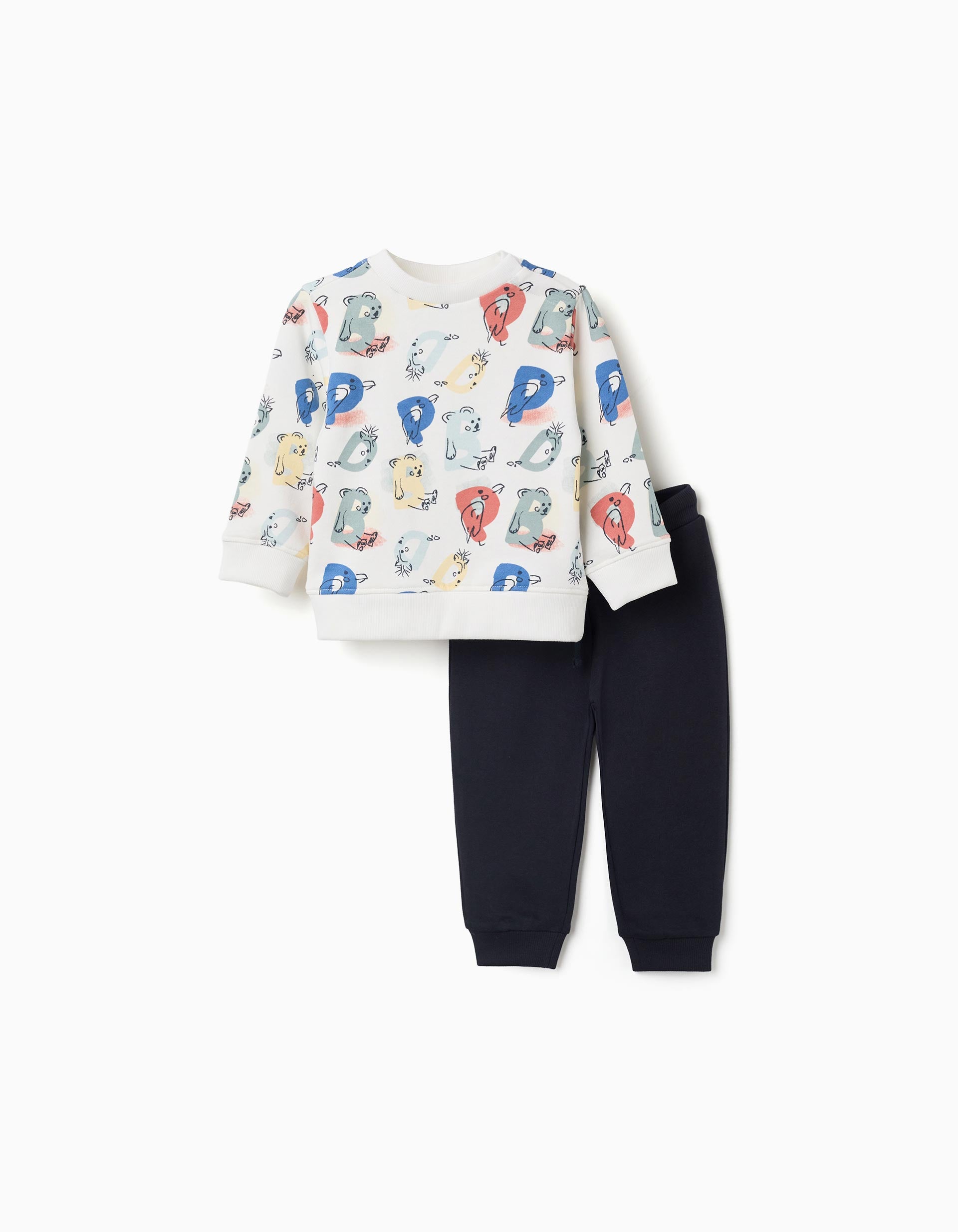 Jogging set with printed letters for baby boys, white/navy blue