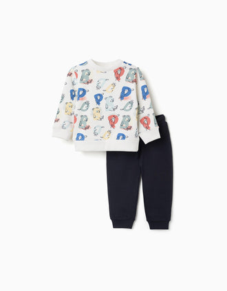 Jogging set with printed letters for baby boys, white/navy blue