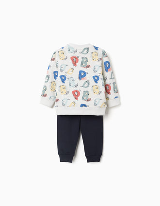 Jogging set with printed letters for baby boys, white/navy blue