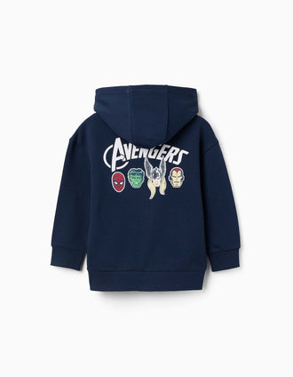 Hooded cotton jacket with Avengers prints for boys, navy blue