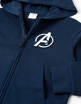 Hooded cotton jacket with Avengers prints for boys, navy blue