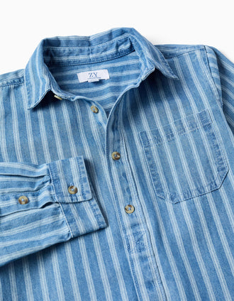 Striped denim shirt with pocket for boys, blue/white