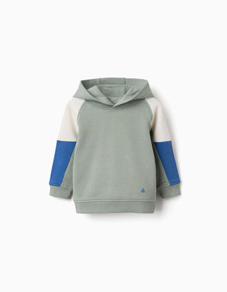 Hooded cotton sweatshirt for baby boys, green/beige/blue