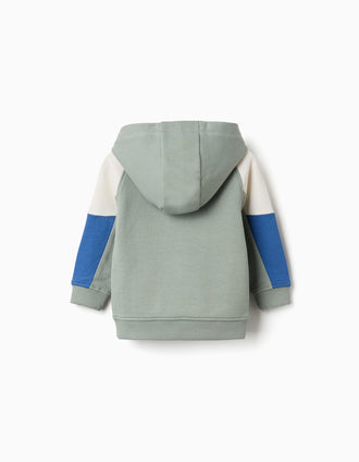 Hooded cotton sweatshirt for baby boys, green/beige/blue