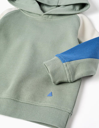 Hooded cotton sweatshirt for baby boys, green/beige/blue