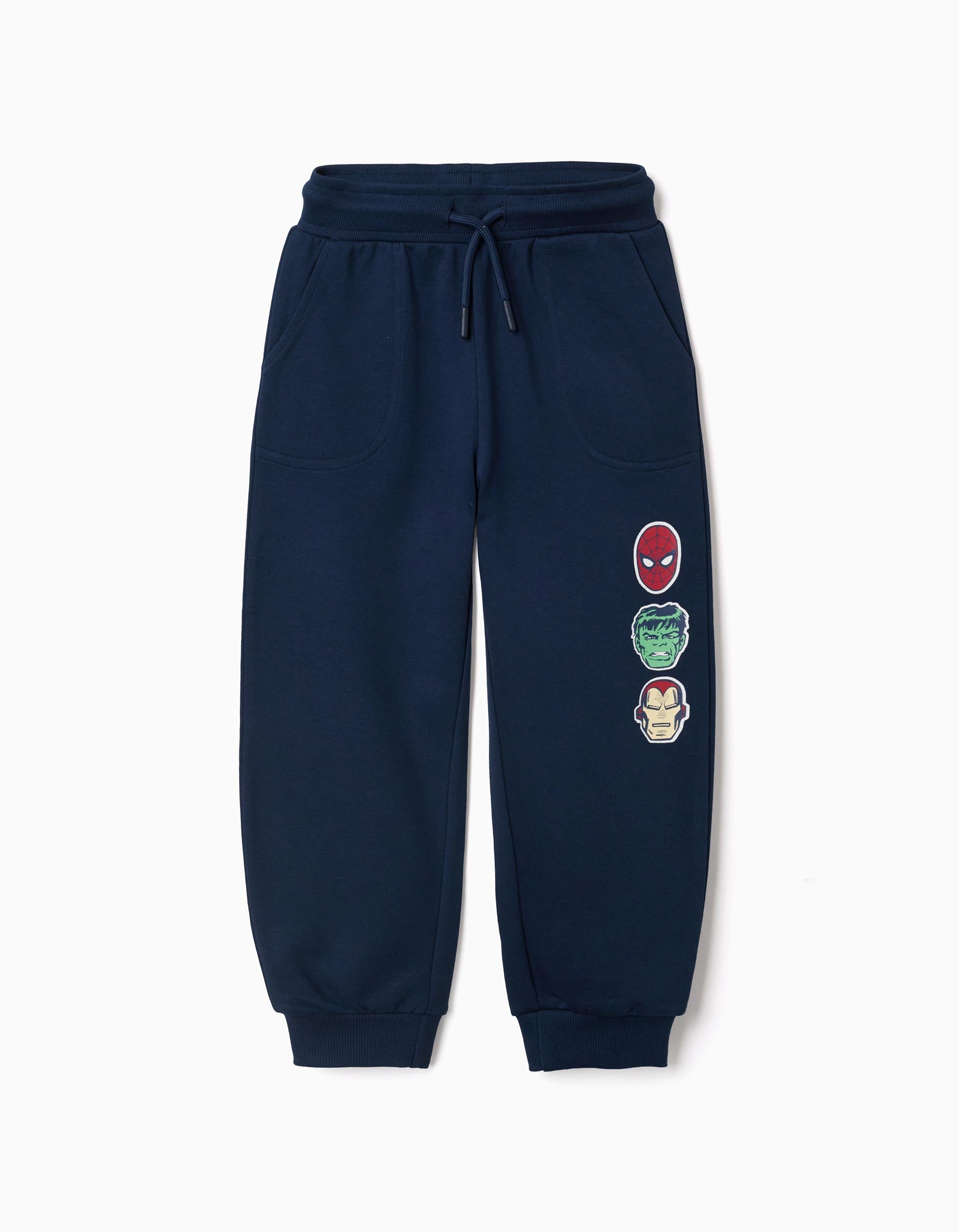 Cotton joggers with Marvel print and drawstring for boys, navy blue