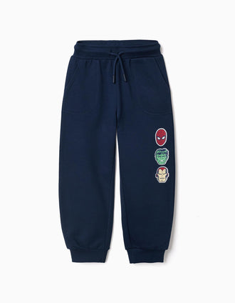 Cotton joggers with Marvel print and drawstring for boys, navy blue