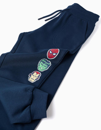 Cotton joggers with Marvel print and drawstring for boys, navy blue
