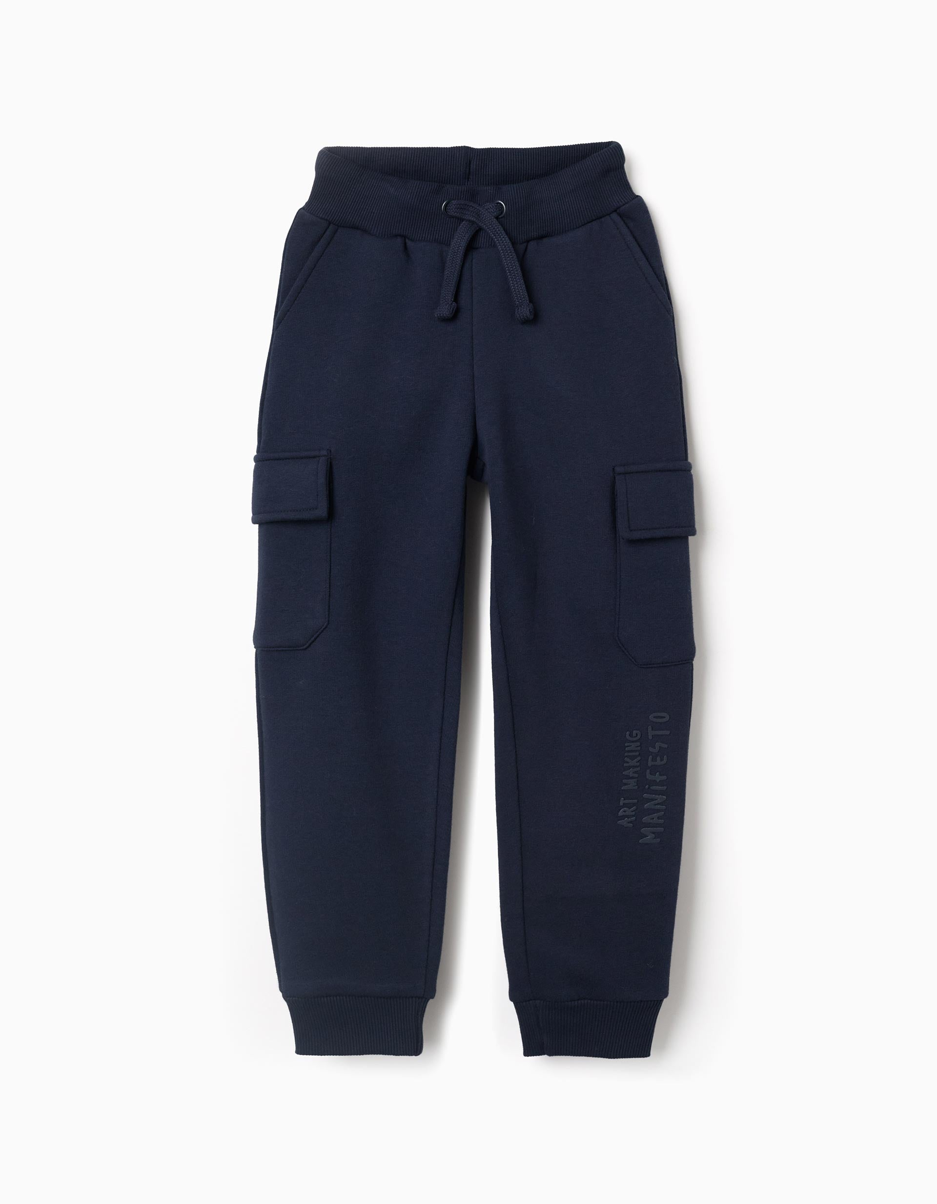 Brushed joggers with cargo pockets and print for boys, navy blue