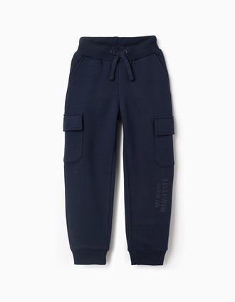 Brushed joggers with cargo pockets and print for boys, navy blue