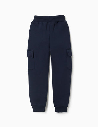 Brushed joggers with cargo pockets and print for boys, navy blue